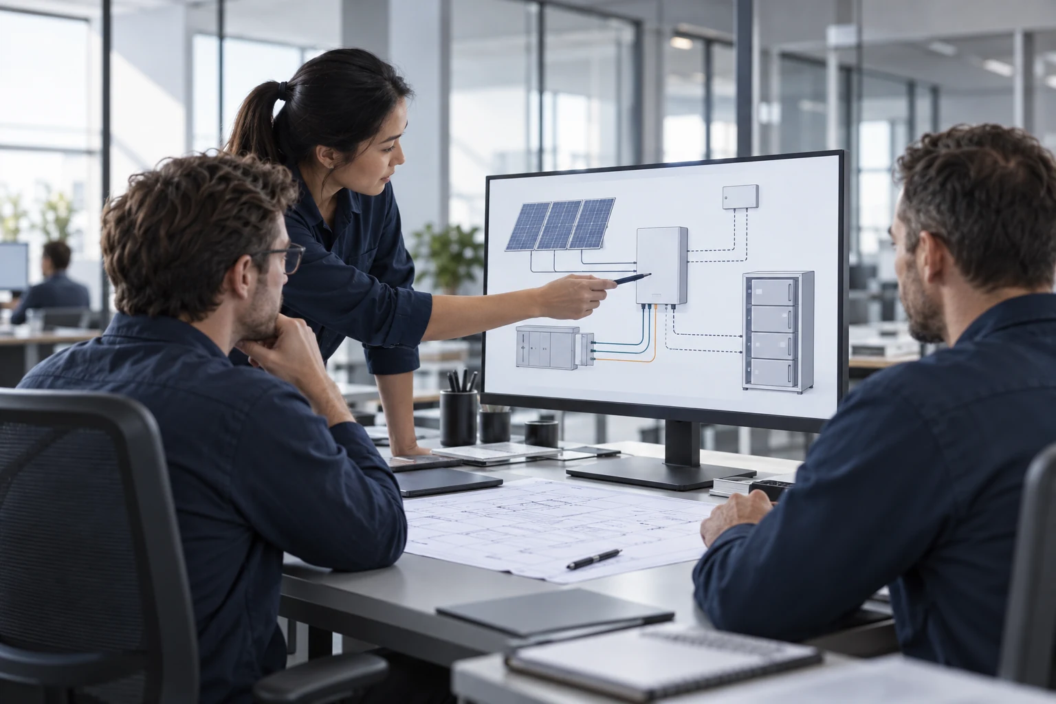 Engineering team reviewing an abstract solar and battery interconnection sketch