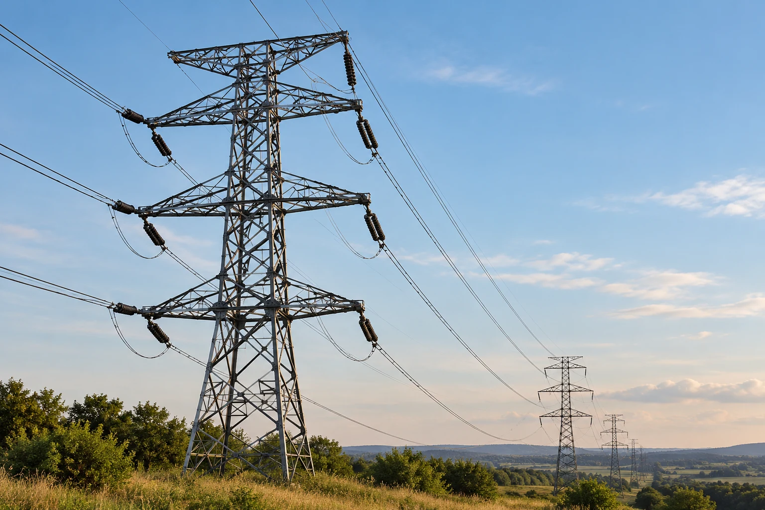 Transmission tower and overhead conductors illustrating the grid connection context