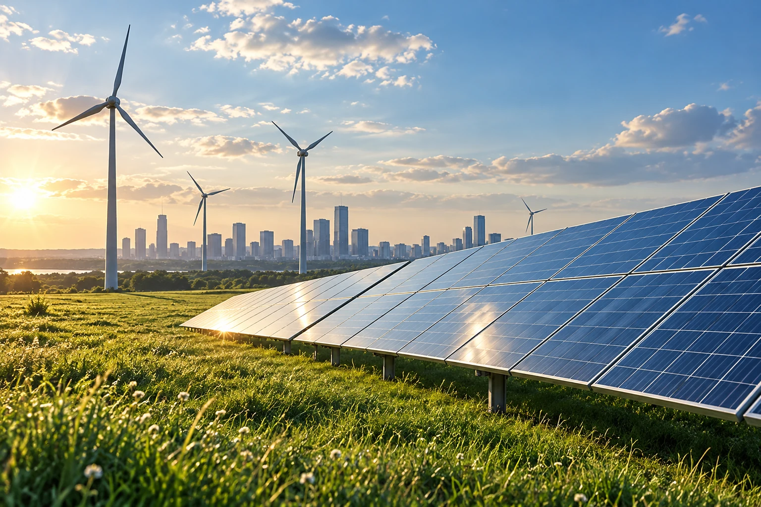 Solar panels with wind turbines and a distant city in an illustrative renewable-energy scene