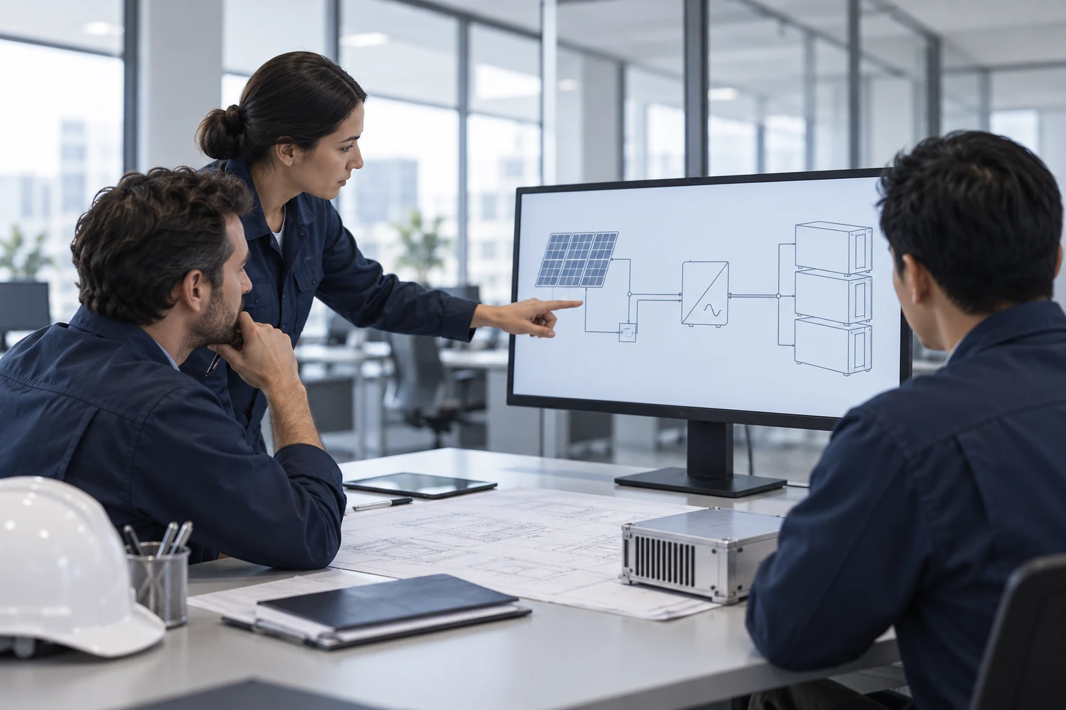 Illustrative engineering team reviewing a simplified solar and battery connection sketch