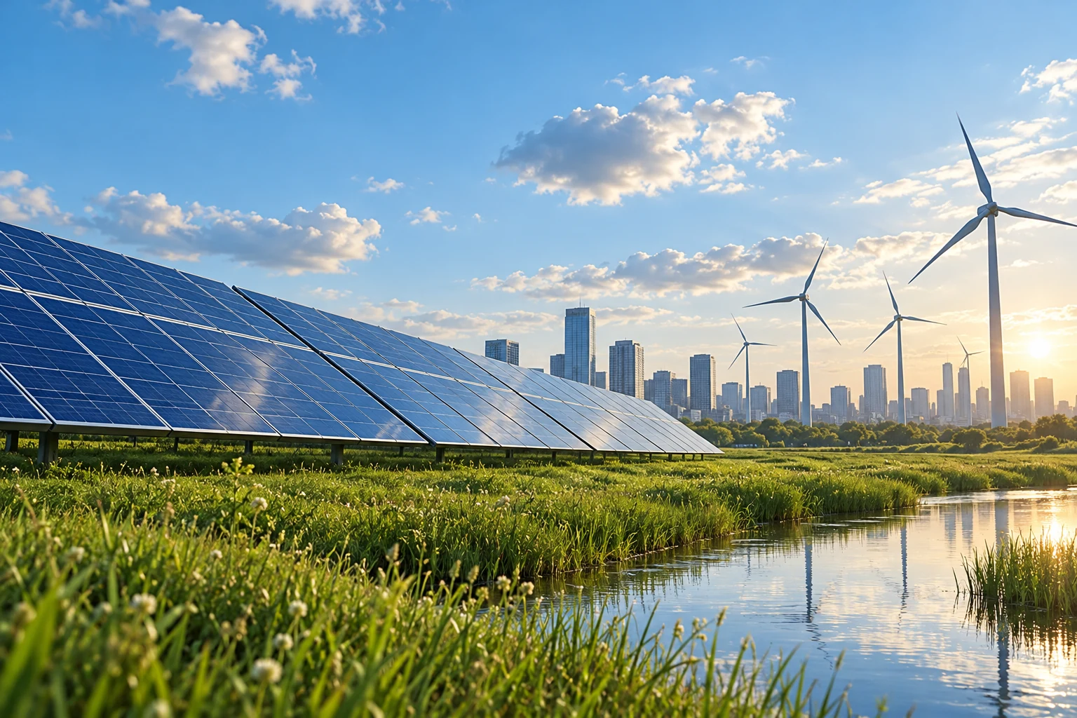 Illustrative solar panels beneath a changing sky with distant wind turbines and buildings