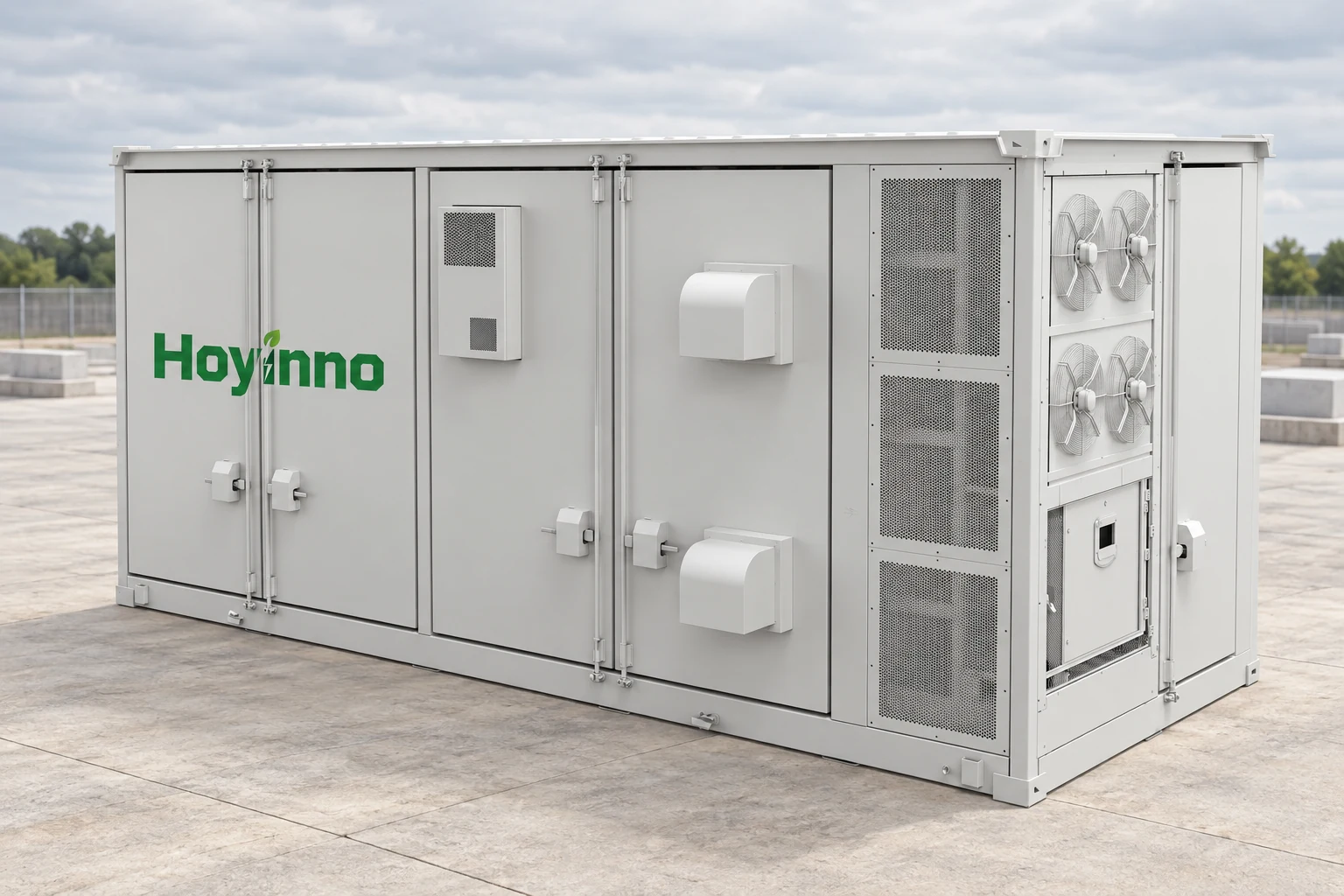 Grey Hoyinno container enclosure with a green wordmark and four visible cooling fans in an illustrative yard