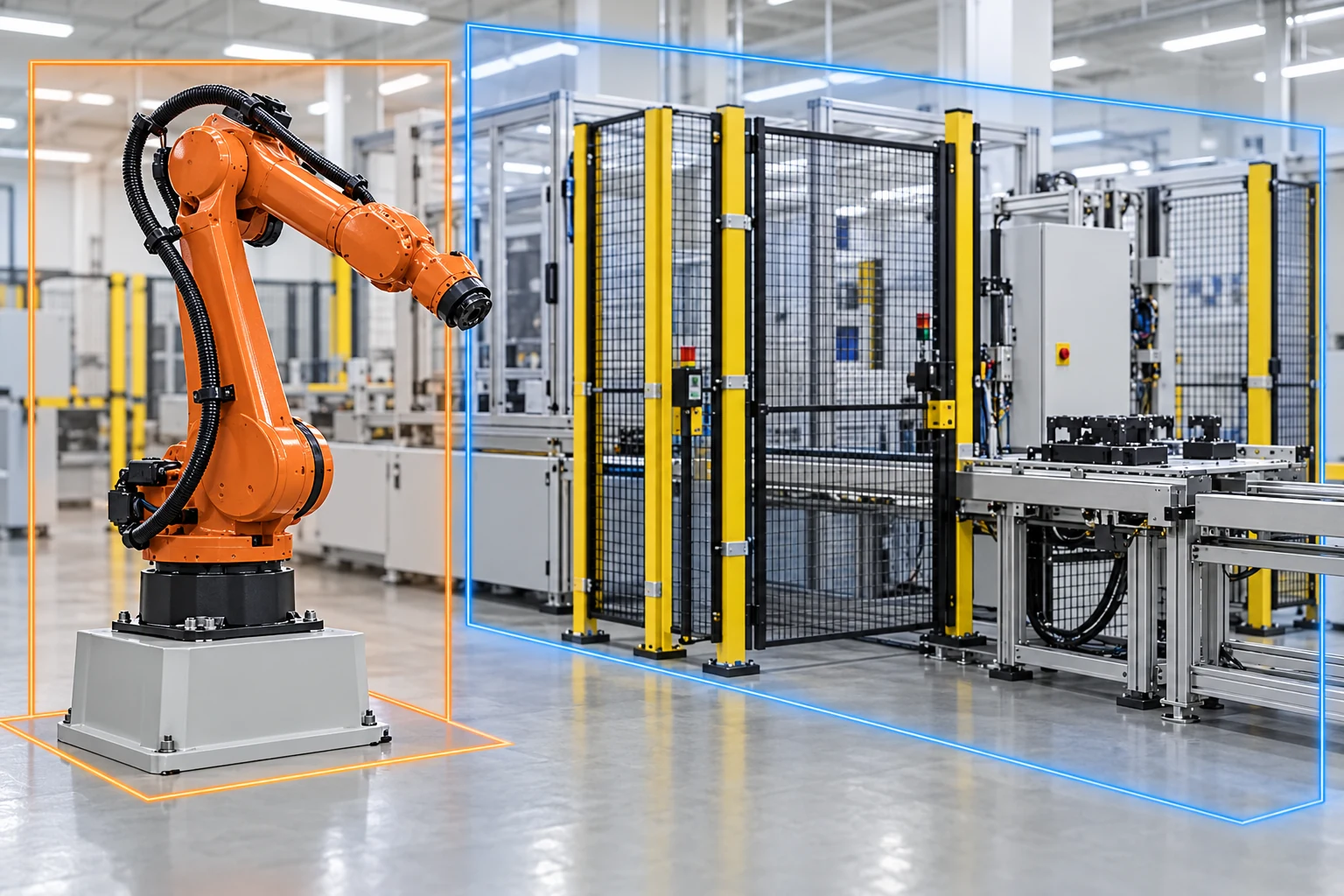 Industrial robot and guarded workstation illustrating equipment manufacturing boundaries