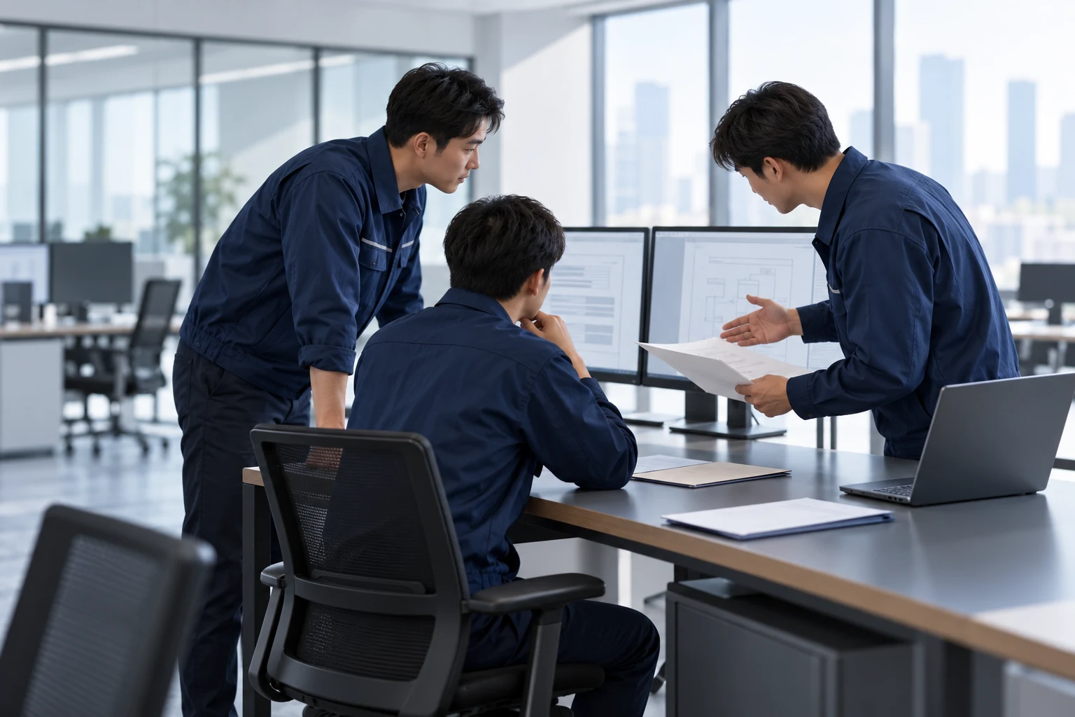 Engineering staff reviewing system records on computer screens