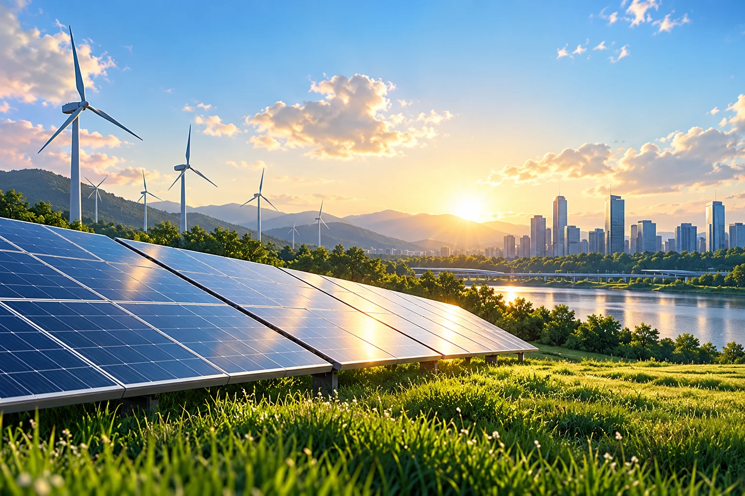 Solar modules and wind turbines near a city illustrating possible charging sources