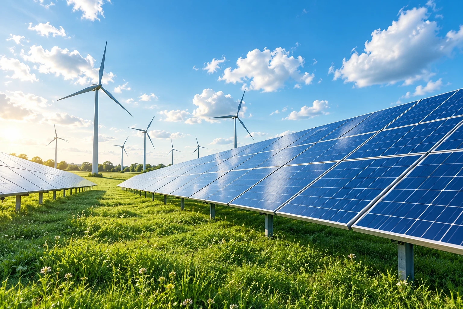 Illustrative solar panels and wind turbines in a renewable generation landscape