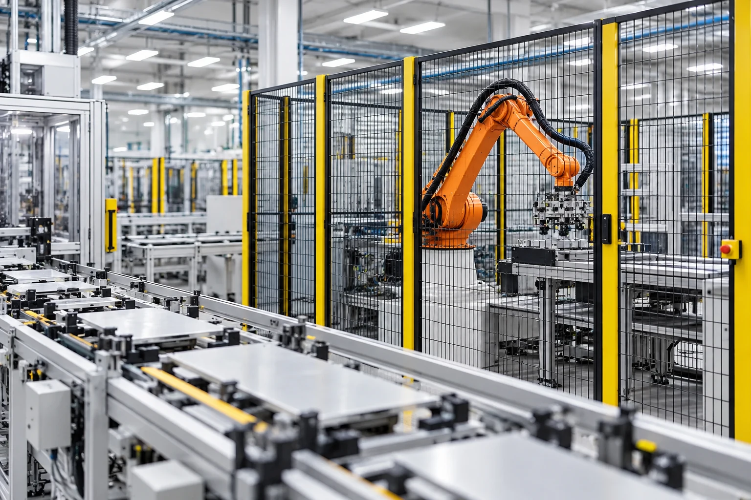 Industrial robot behind a safety fence in a production environment