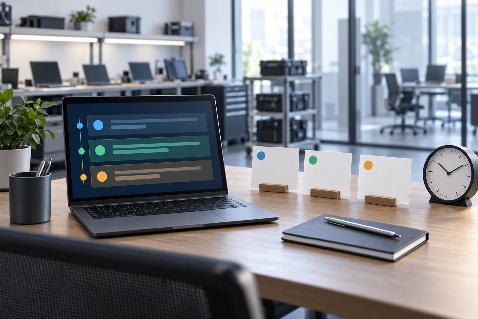 Technical desk with an abstract status display clock and blank event cards