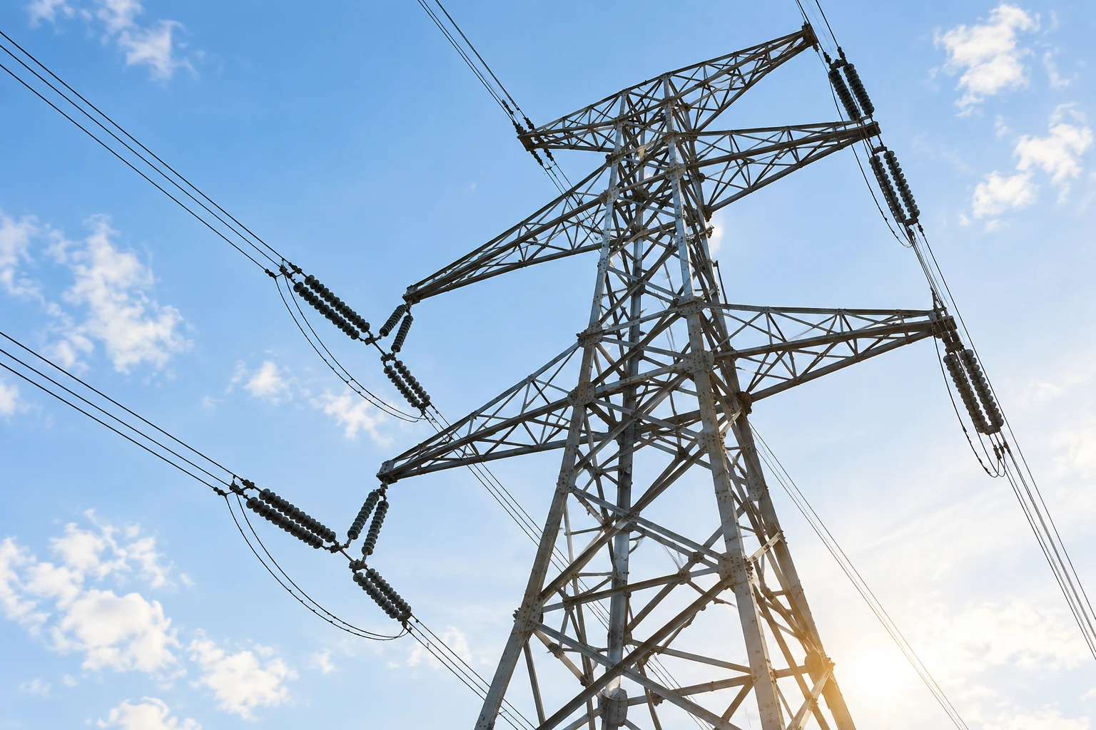 Transmission tower and overhead conductors viewed against a clear sky