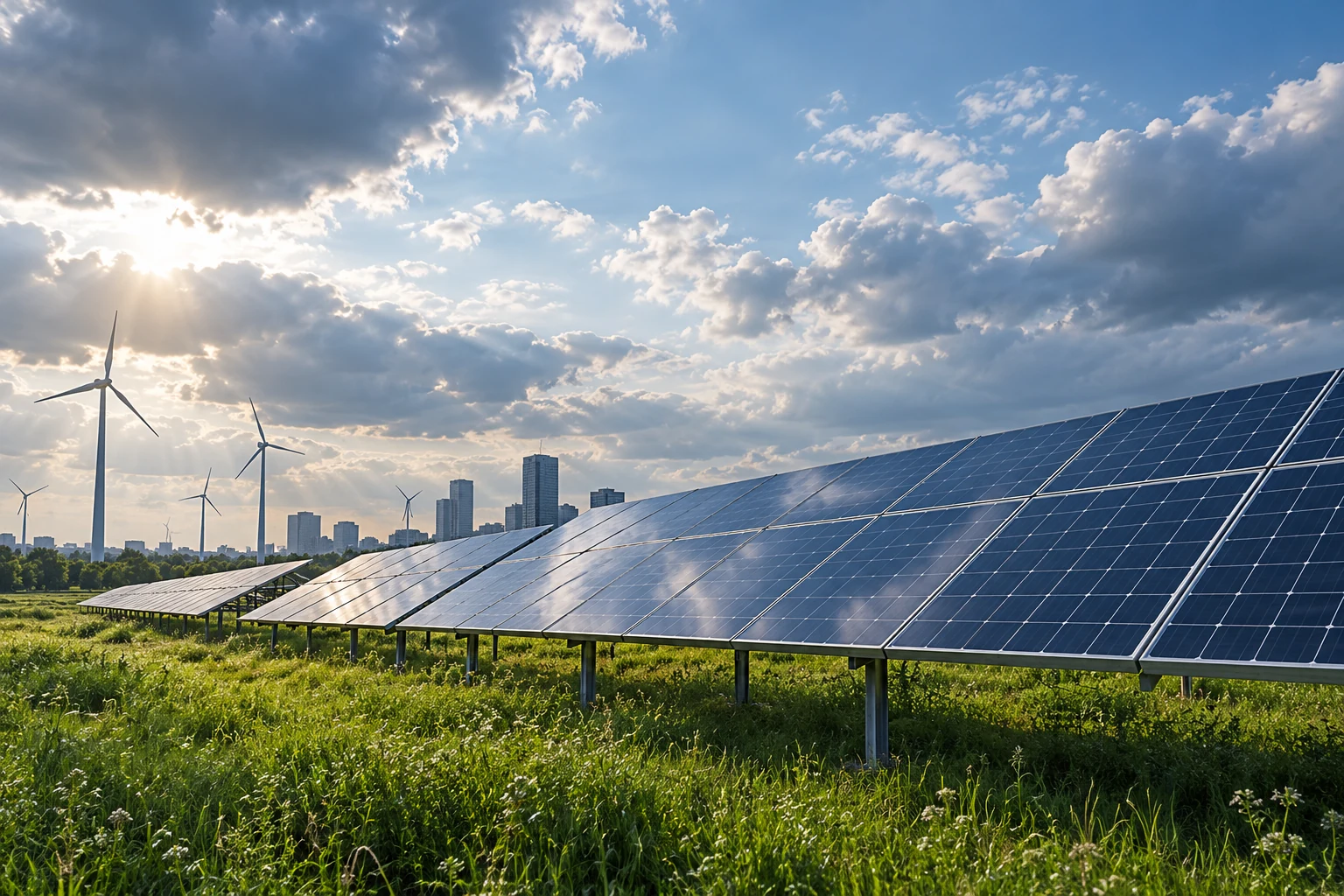 Illustrative solar field under mixed cloud cover showing variable generation context