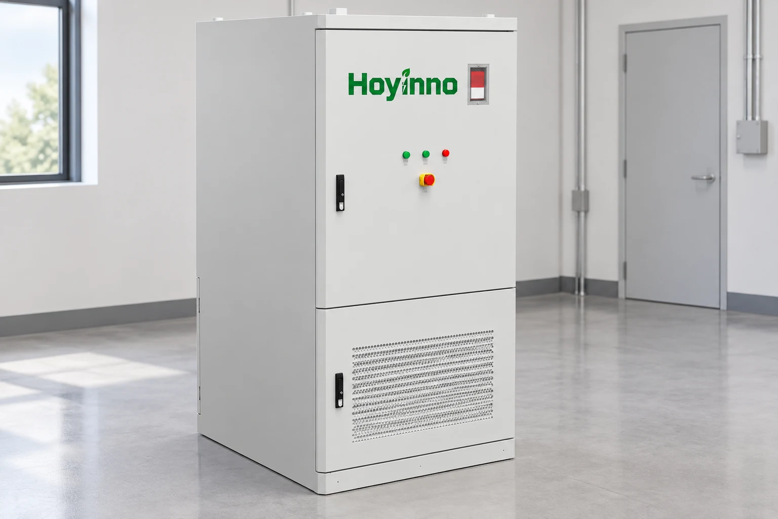 Original Hoyinno slim energy storage cabinet in an illustrative equipment room