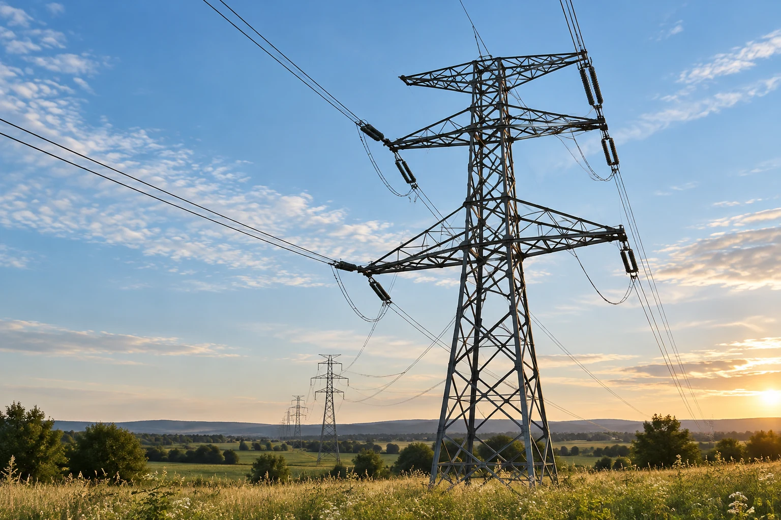 Illustrative transmission tower and conductors in an open landscape