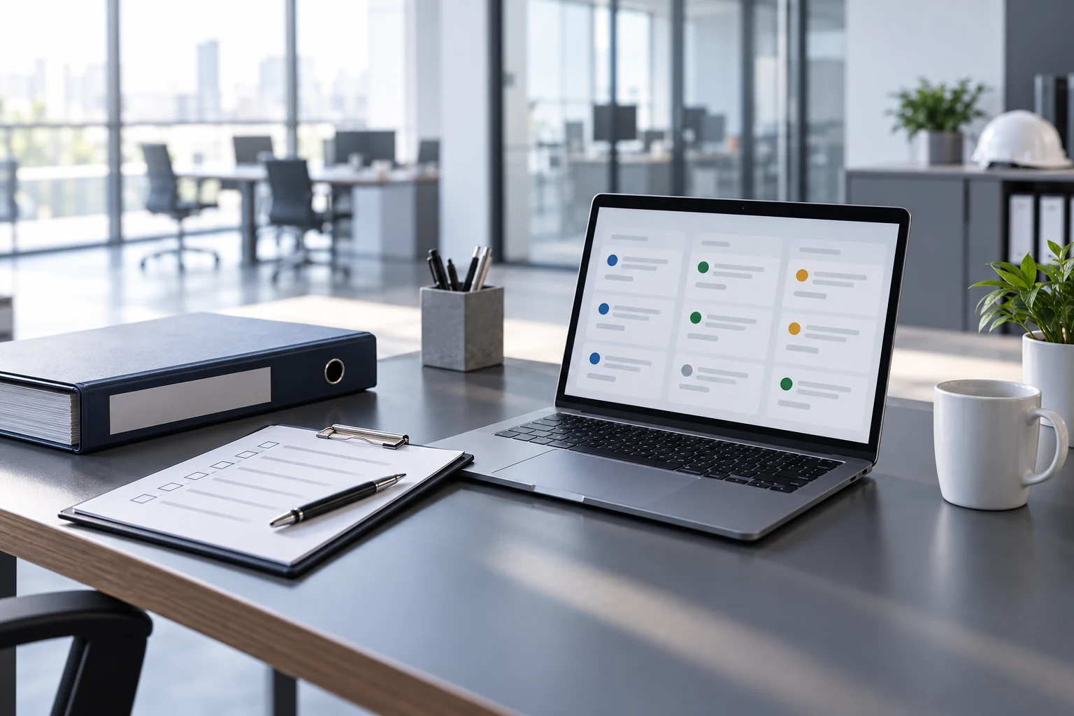 Illustrative operations desk with neutral control task cards and a closed binder